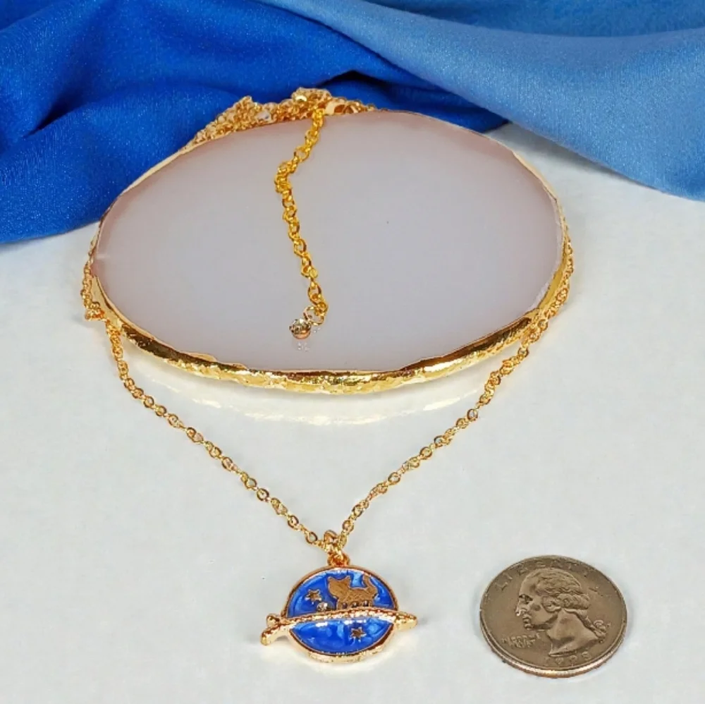 Long Coin Disc Necklace Galactic Cat Pendant Whimsygoth 1990s New Age Grunge